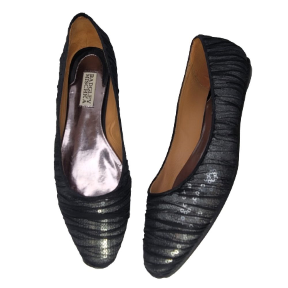 Badgley Mischka Black Organza Covered Silver Sequin Slip On Flat Shoes Sz 7